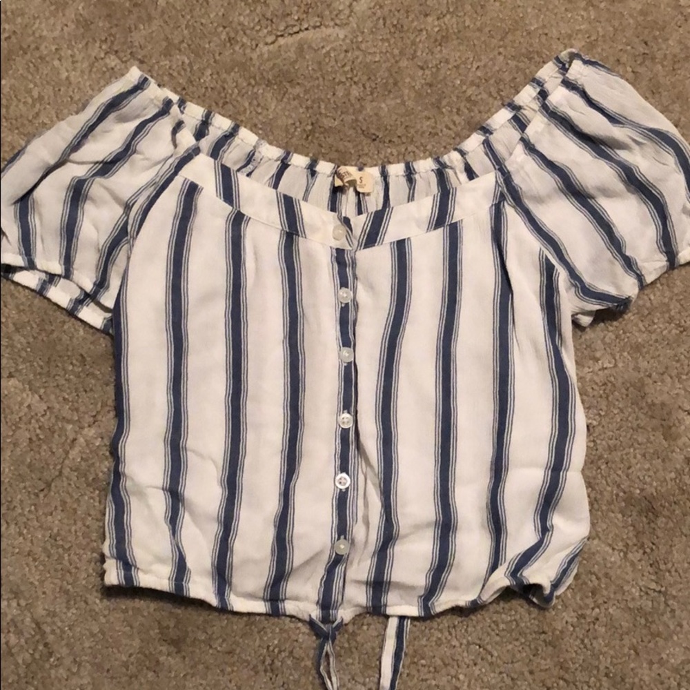 White and Blue off the shoulder shirt